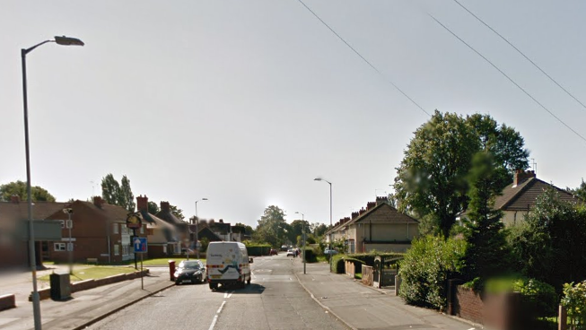 A residential street with a road running down the middle, there are houses on either side and to the right is a large tree