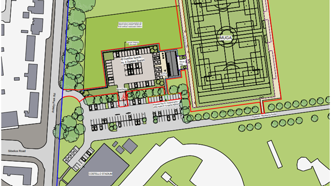 An overhead plan showing a community development. Key areas include a green space with allotments, a new clubhouse with nearby parking, and a large multi-use sports area with courts. Costello Stadium is located in the bottom left corner. Pathways, some marked in red, connect all the main sections.