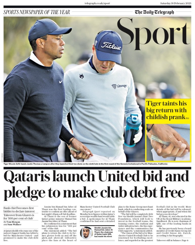 Telegraph back page - 'Qataris launch United bid'