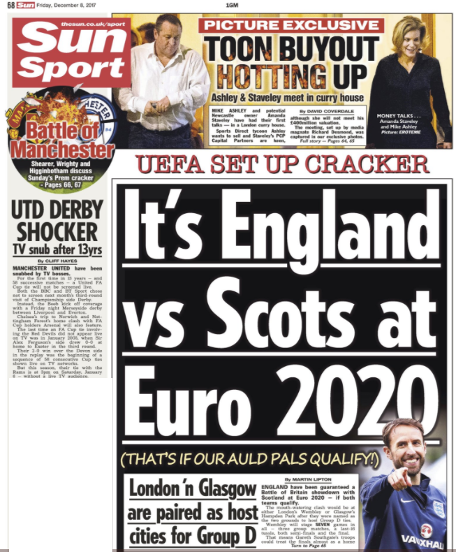 News of the sale of Newcastle is at the top of the Sun's back page