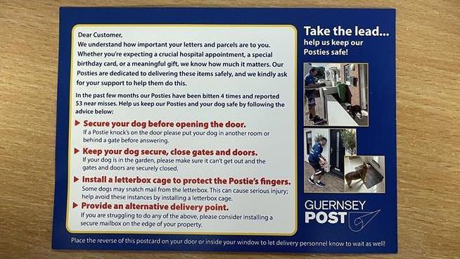 The reverse side of the card shows tips for how to keep dogs away postal workers. Advice includes providing an alternative delivery point and securing dog behind gates and doors 