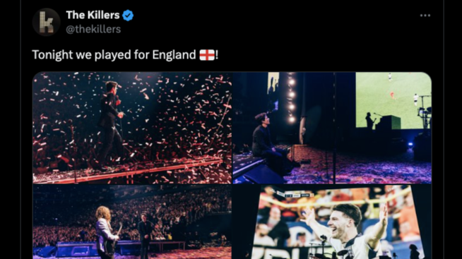 The Killers on stage in London, with screens showing Declan Rice.