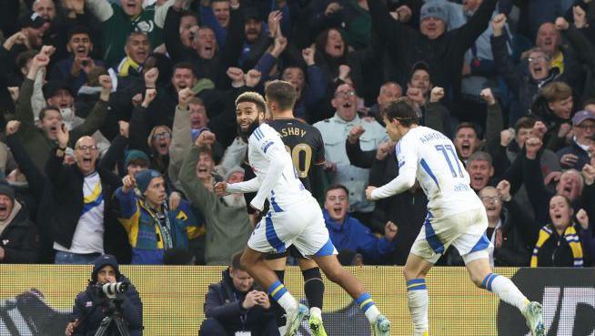 Leeds defender Jayden Bogle celebrates after opening goal for Leeds