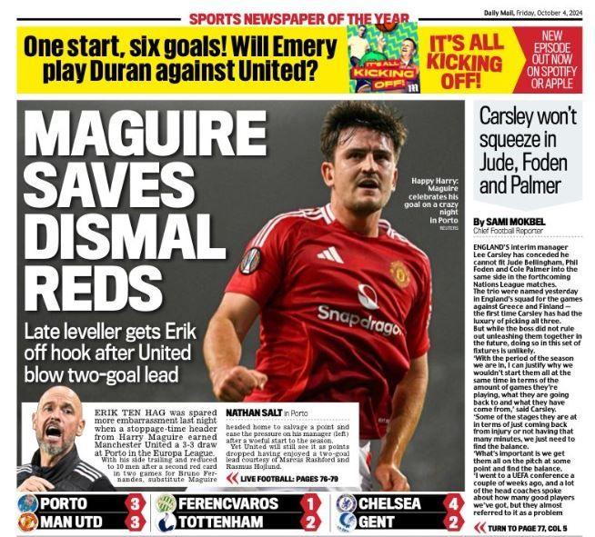 Mail back page: 'Maguire saves dismal Reds'