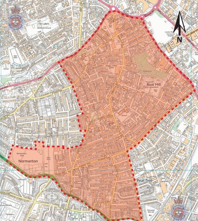 A map of Normanton where a dispersal order is in place. The area affected by the order is highlighted. 