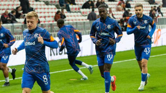 Rangers' Connor Barron, Mohamed Diomande and Nicolas Raskin