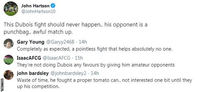 Boxing fans on Twitter criticise Daniel Dubois' last opponent. Former footballer John Hartson called is an "awful match up".