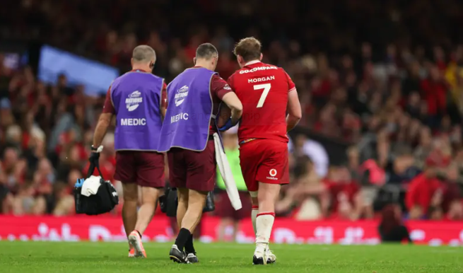 Cefnau Jac Morgan a dau swyddog meddygol wrth iddo adael y maes wedi anaf