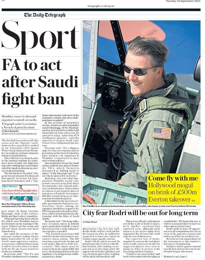 Telegraph back page - 'FA to act after Saudi fight ban'