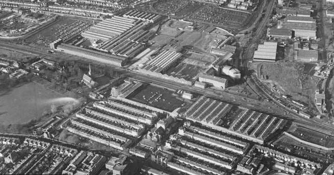 Image shows a black and white birds-eye image of the Carriage Works