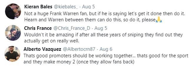 Boxing fans on Twitter say promoters Eddie Hearn and Frank Warren should put their differences to one side and work together