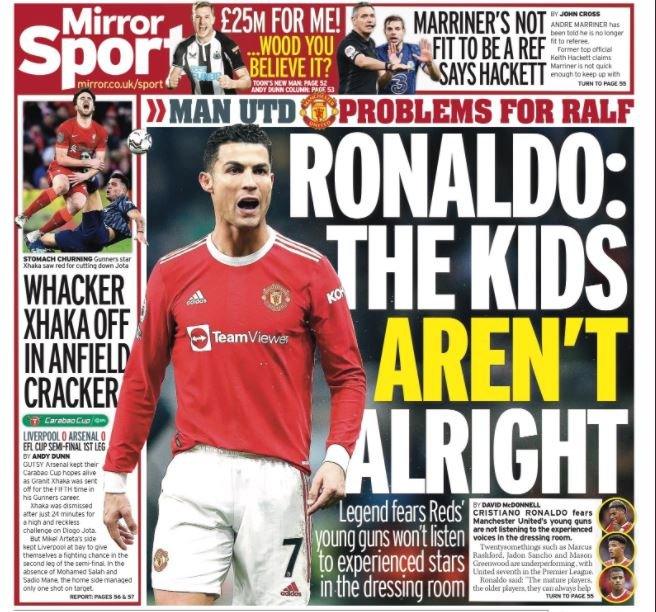 Daily Mirror back pages shows Cristian Ronaldo and the headline 'Ronaldo: The kids aren't alright'