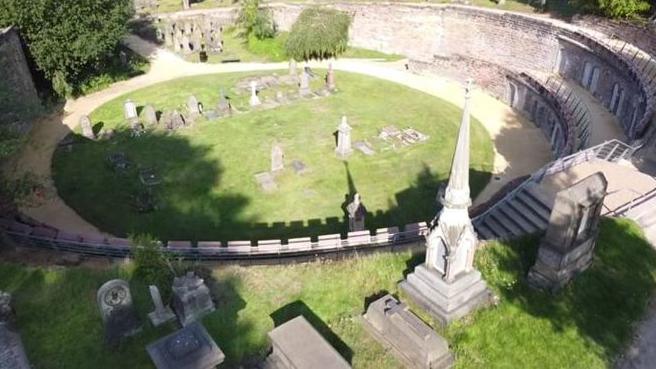A coloured aerial photograph showing Warstone Lane. The entrances to the catacombs are now sealed. 