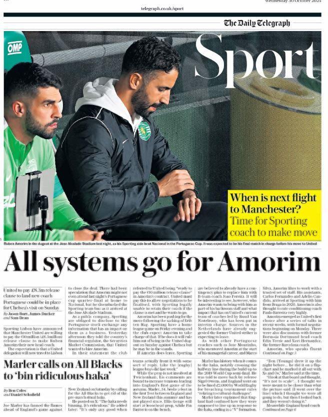 Telegraph back page: 'All systems go for Amorim'