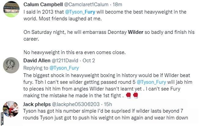 Fans on Twitter discussing Fury-Wilder III. One fan says "No heavyweight in this era even comes close", while another says "I'd be surprised if Wilder lasts beyong seven rounds"