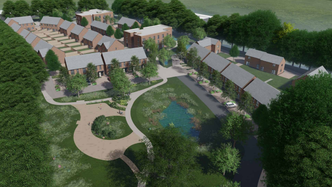 A CGI image of what the homes might look like, including green open space and a pond.