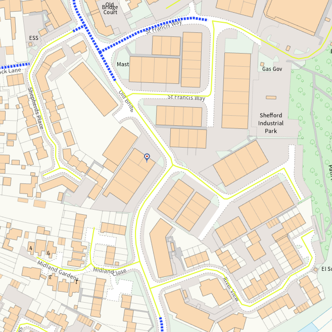 An overhead map of Old Bridge Way which includes a blue intermittent line showing the section managed by Central Bedfordshire Council