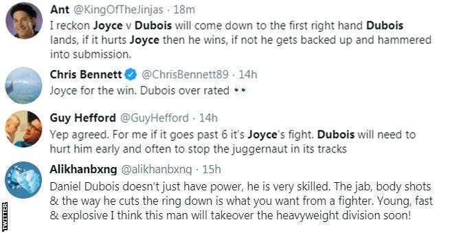 Boxing fans on Twitter are split on Daniel Dubois v Joe Joyce, one fan says that Dubois will hurt Joyce is he lands but if not Joyce will "hammer Dubois into submission".