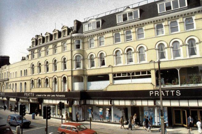 Pratts department store - a large yellow building with arched windows