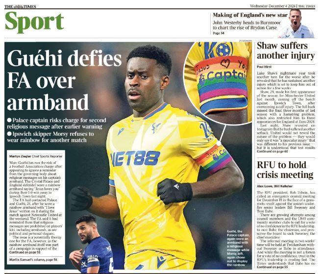 Times back page: 'Guehi defies FA over armband'