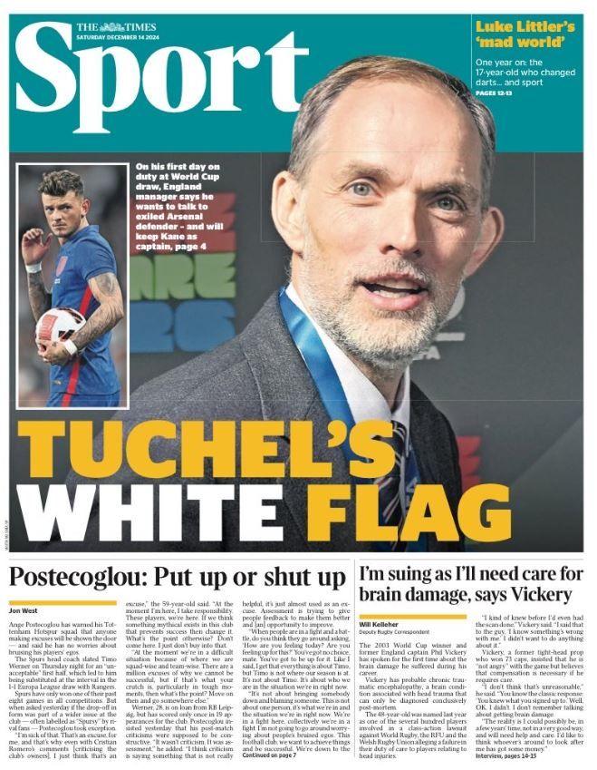 Saturday's Times back page: 'Tuchel's white flag'