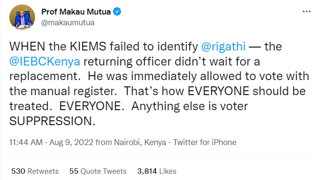 Screenshot of tweet by Makau Mutua claiming Rigathi Gachagua was identified using the manual register