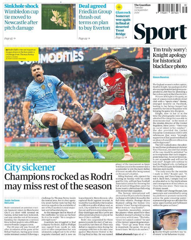 Guardian back page - 'Champions rocked as Rodri may miss rest of season'