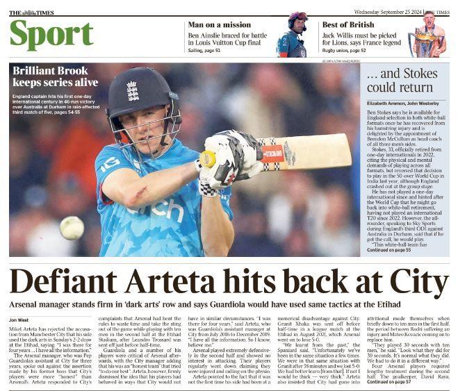 Times back page: 'Defiant Arteta hits back at City'