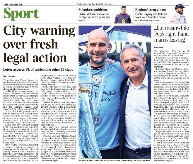 Times back page: 'City warning over fresh legal action'