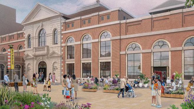 An artists impression of a public square outside the market teeming with people