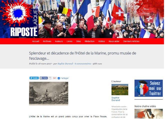 A screenshot of the website 'Riposte Laïque', saying that the Marine Hotel in Paris will be converted into a 'slavery museum'