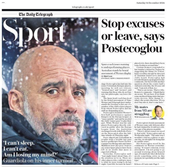 Saturday's Telegraph back page: 'Stop excuses or leave, says Postecoglou'