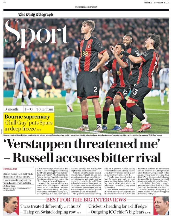 Friday's Telegraph back page: ' Bourne supremacy'