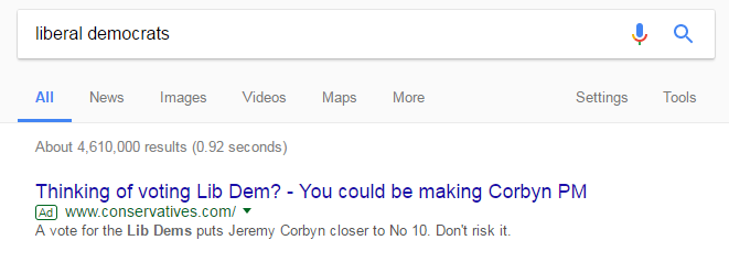 When you search for the Liberal Democrats on Google, a Conservative advert appears.