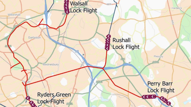 A map showing part of the canal network in the West Midlands, with Walsall Lock Flight, Rushall Lock Flight, Perry Barr Lock Flight and Ryders Green Lock Flight all identified