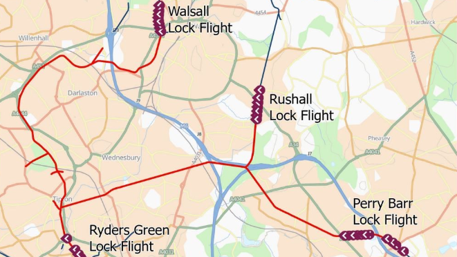 Map of the affected areas of the West Midlands canal network showing  Walsall Lock Flight to the north with Rushall Lock Flight to the south east of that and Perry Barr Lock Flight further to the south east. West of Perry Barr is Ryders Green Lock Flight