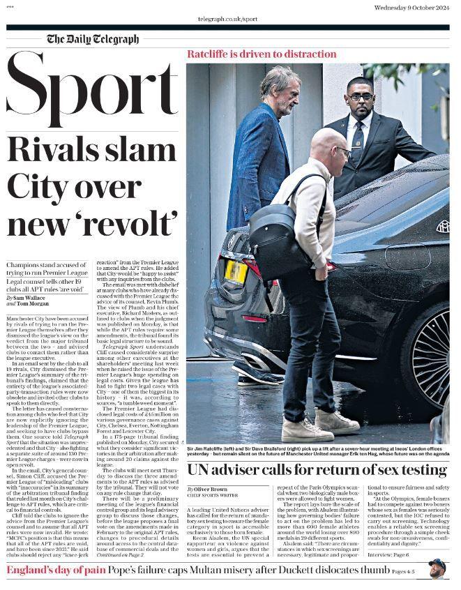 Telegraph sport page: 'Rivals slam City over new revolt'