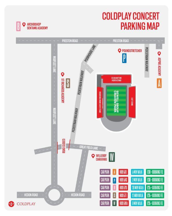A parking map for a Coldplay concert. It shows a stadium with different parking lots (A, P, S, W) around it, each with a walking time and booking fee. The map also highlights nearby roads and landmarks.