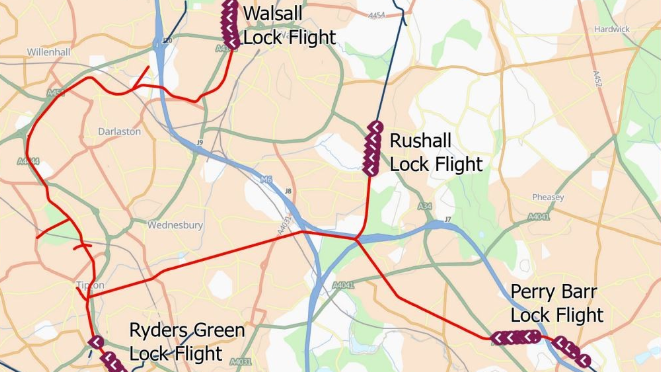 Map of the affected areas of the West Midlands canal network showing Walsall Lock Flight to the north with Rushall Lock Flight to the south east of that and Perry Barr Lock Flight further to the south east. West of Perry Barr is Ryders Green Lock Flight