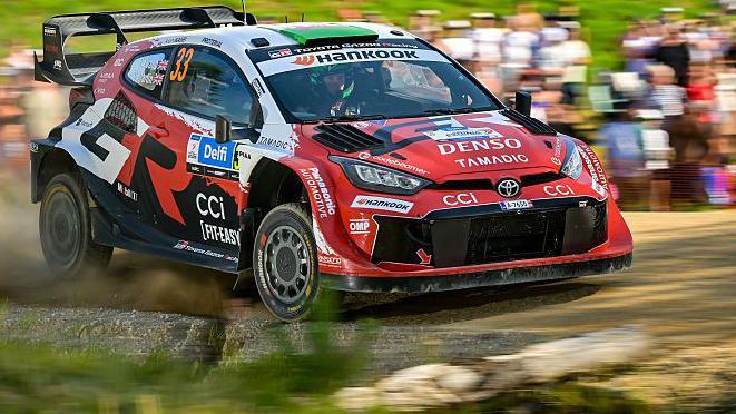 Elfyn Evans guides his car in Estonia