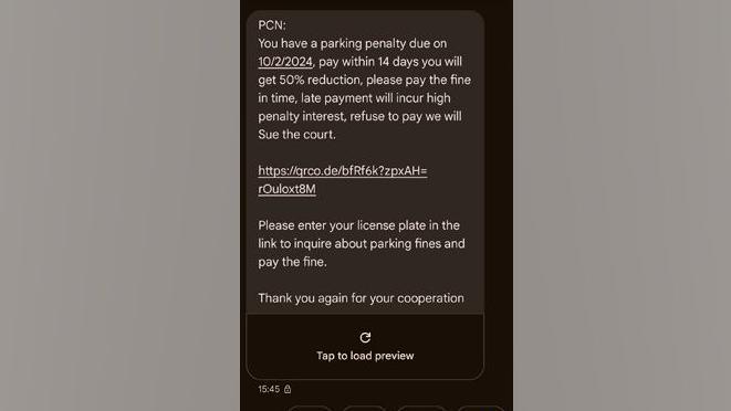 A screenshot from a mobile phone of a scam text message. The message says the user has been issued with a parking penalty notice and says it must be paid by 10 February 2024. If left unpaid the fine will be increased and legal action may be taken. There is a link included for the user to click on. It asks the user to type in their number plate after clicking the link.