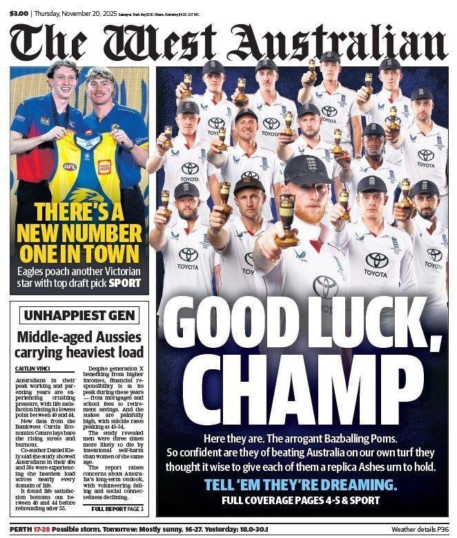 The West Australian newspaper back page sarcastically wishes England good luck for the Ashes