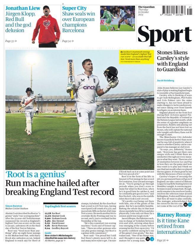 Guardian back page: 'Stones likens Carsley's style with England to Guardiola'