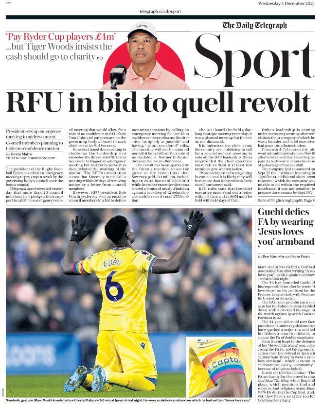 Telegraph back page: 'Guehi defies FA by wearing 'Jesus loves you' armband'