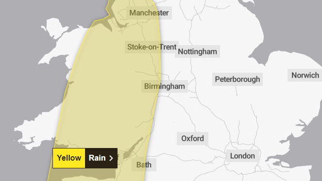 Map of the UK showing a yellow weather warning for rain