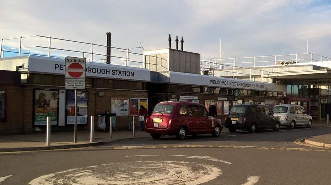 The entrance to Peterborough railway station in 2018