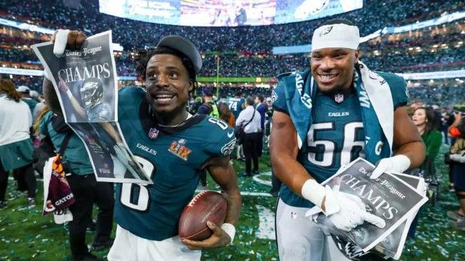 CJ Gardner-Johnson and Tyler Steen celebrate the Eagles' Super Bowl win