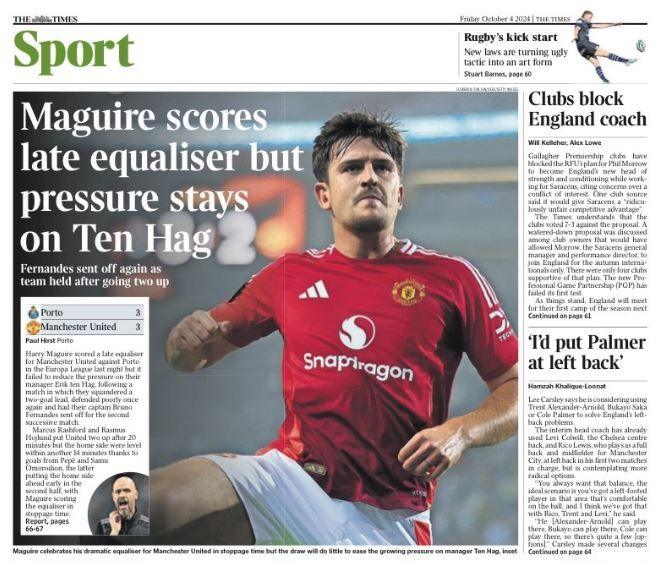 Times back page: 'Maguire scores late equaliser but pressure stays on Ten Hag'