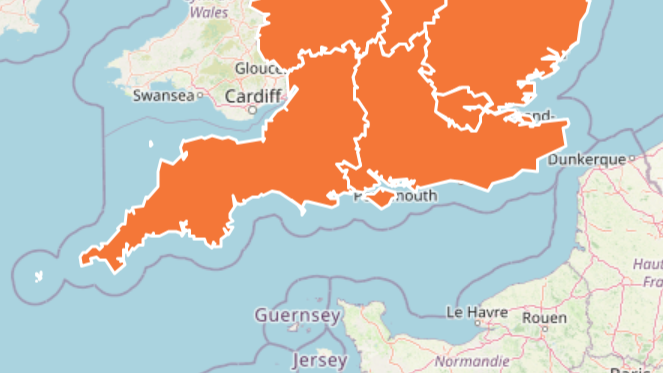 UKHSA's heat health map. The map shows a large warning covering the south west, with other alerts in place in different regions.