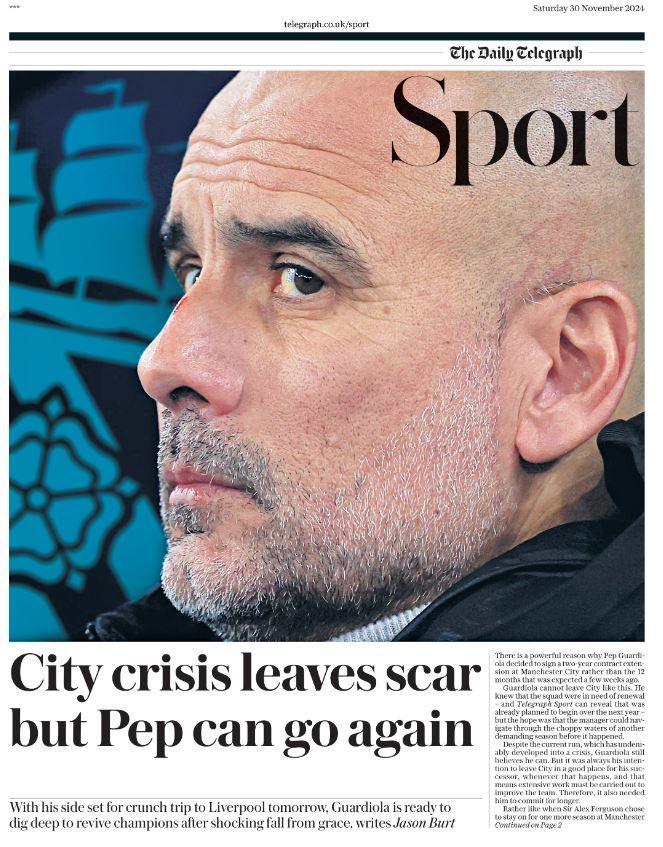 Telegraph back page - 'City crisis leaves scar but Pep can go again'